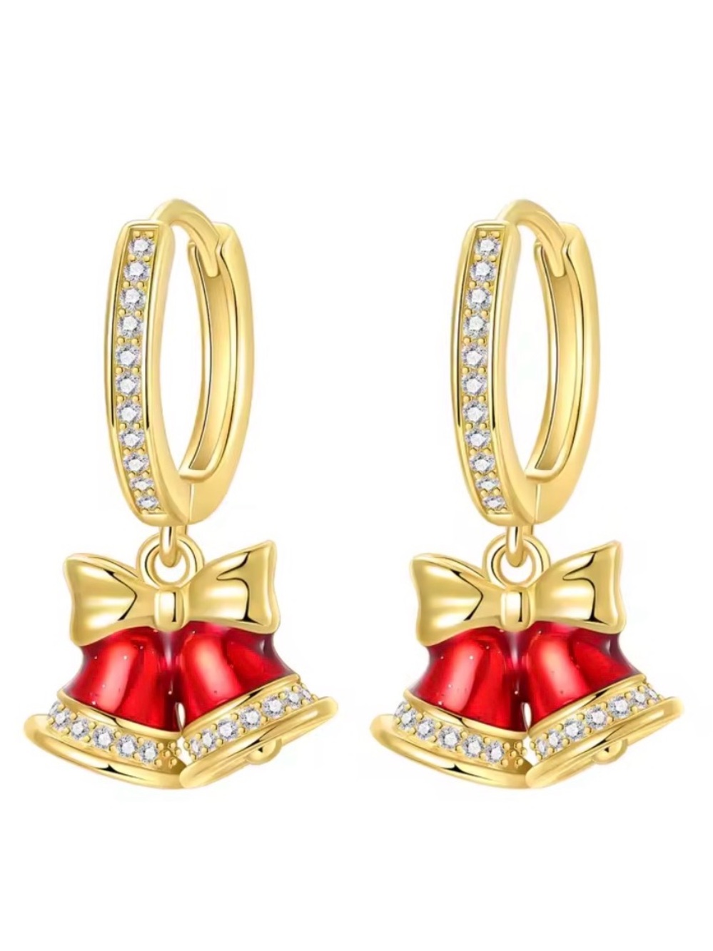 Sterling Silver Gold-Tone Red Bell Drop Earrings with Crystals - Unbranded